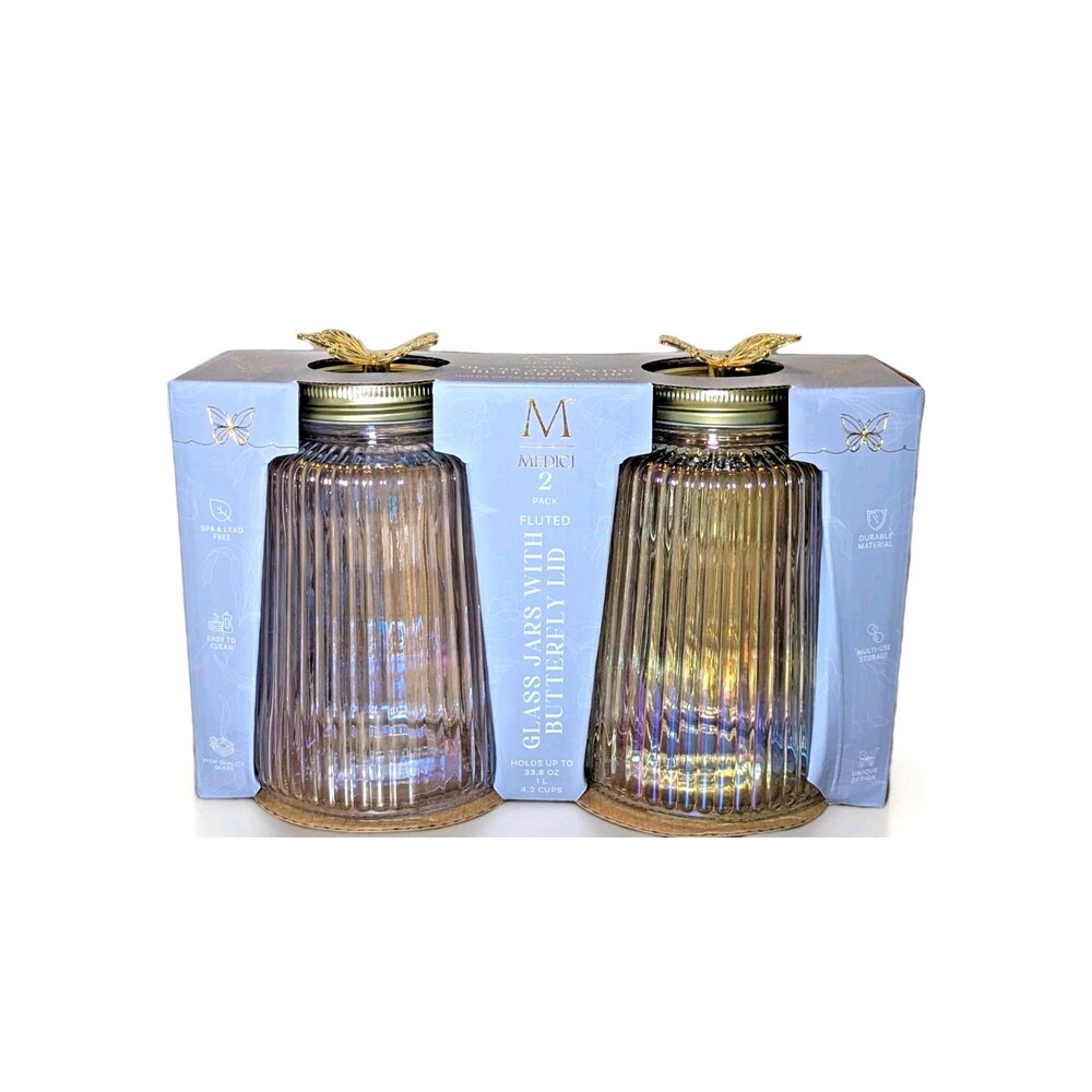 Irridescent Glass Fluted Jars Gold Butterfly Lids 33 oz. Storage Containers NEW